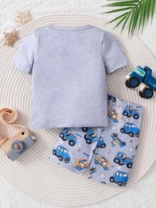Bé Trai Dễ Thương In Hình Xe Ô Tô Cổ Tròn Tay Ngắn Và Quần Short Bộ Homewear Vừa Vặn, Mùa Hè - Xám - Xem 2