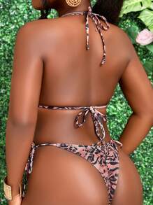 SHEIN Slayr Ladies' Leopard Print Halter Neck Tie Sexy Bikini Set, Holiday Summer - Brown - View 2