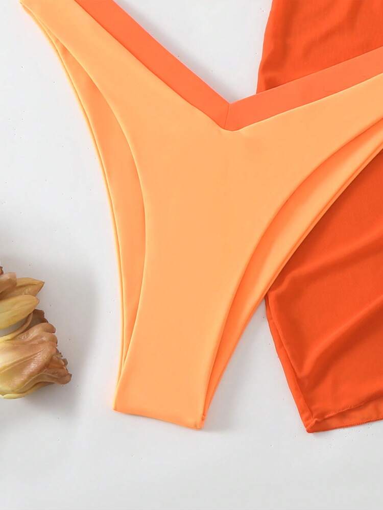 Women Color-Block Top & Skirt Bikini Set With 3D Flower Decoration And Pleats,Summer Beach