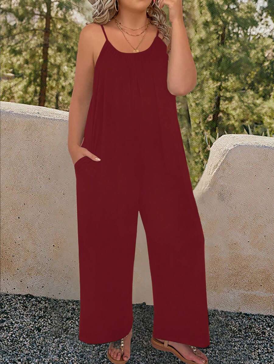 SHEIN LUNE Mono de talla grande de unicolor con bolsillos, peto sin mangas para verano - Burdeos - Ver 1