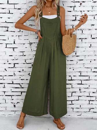 Casual Solid Color Wide Leg Sleeveless Jumpsuit For Holiday & Leisure