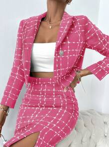 EURMUSE Plaid Pattern Lapel Neck Crop Overcoat - Pink - View 5