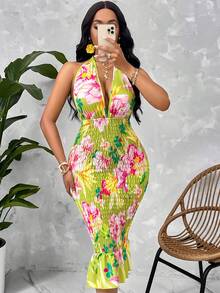 Women'S Sexy Floral Print Backless Halter Ruched Bodycon Dress (Random Print) - Green - View 5