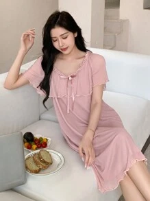 DAZY French Style Sheer Mesh Embroidered Scalloped Edge Deep V-Neck Backless Nightgown