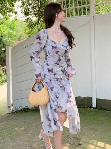 DAZY Vestido Feminino de Manga Longa com Estampa de Borboleta e Bainha com Babados - Multicolorido - Visão 4