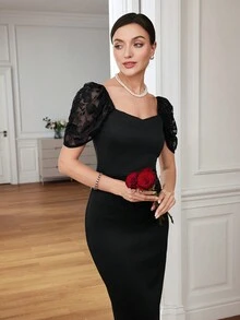 Modelyn Vestido de moda elegante para mujeres con mangas abullonadas y tiras cruzadas en la espalda - Negro - Ver 3