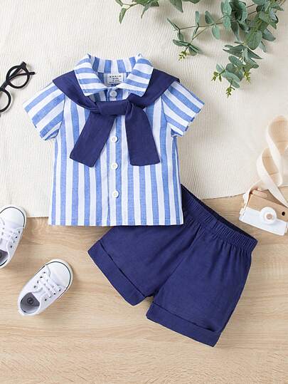 SHEIN 寶寶男孩藍白相間襯衫、短褲和披肩套裝，2024年夏季新款舒適、優雅和時尚休閒裝