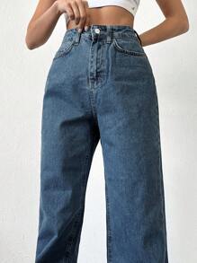 Cottnline Jeans de pierna recta unicolor - Azul lavado oscuro - Ver 3