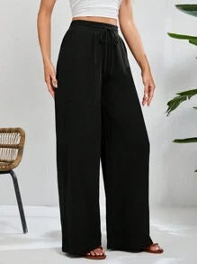 SHEIN Tall Quần ống rộng buộc dây cạp cao phong cách Pháp Holiday Green có túi xéo - màu đen - Xem 3