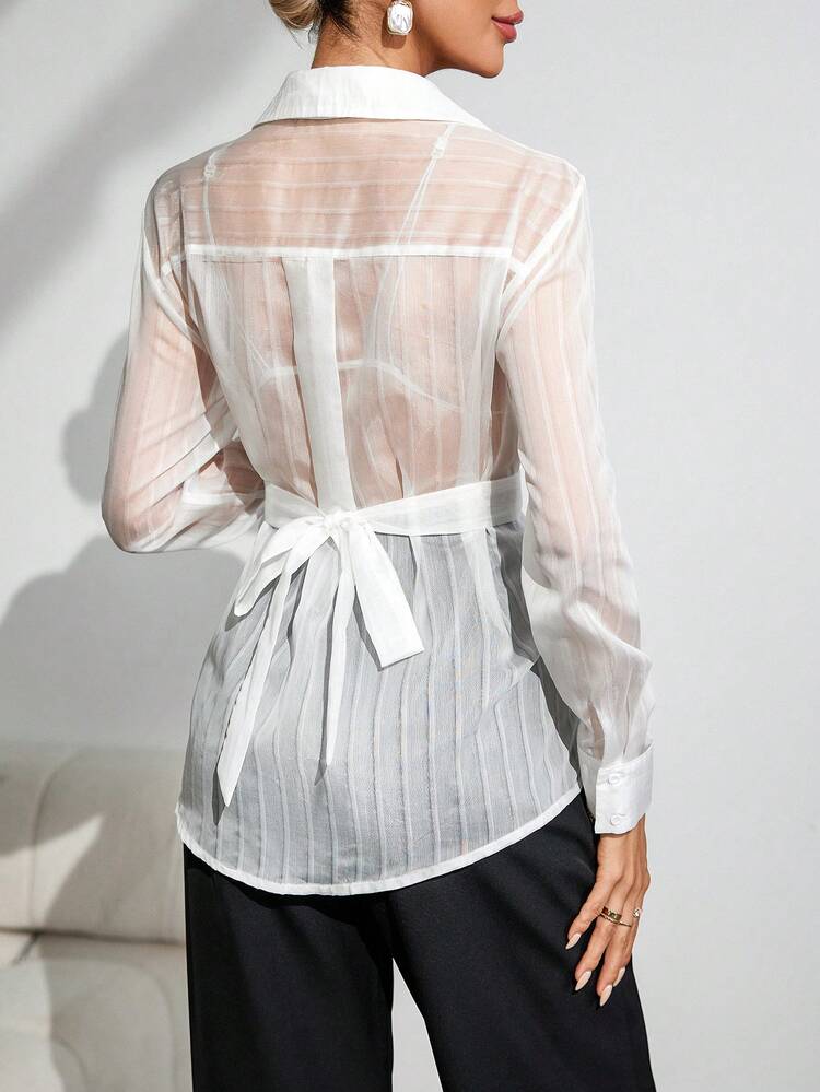 Women's Fashionable Commuting Waist-Tie See-Through Long-Sleeved Shirt (White), Suitable For Back-To-School Season And Office Wear. Fashionable Commuting, Old Money Style.