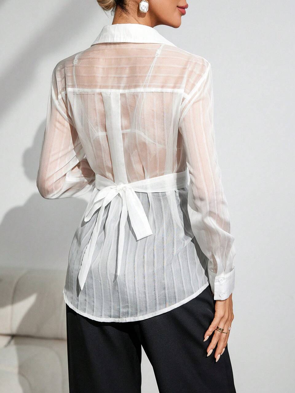 Women's Fashionable White Summer Chic Brunch See-Through Long-Sleeved Shirt,Waist-Tie Commuting Office Wear,Back-To-School Season Old Money Style
