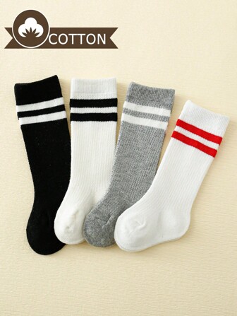 4對/組男女童條紋運動中筒襪，適用於春夏日常穿著