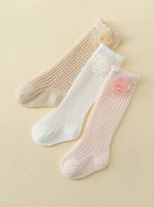 3 Pairs/Set Baby Girls Flower Pattern Sheer Mid-Calf Socks, Spring And Summer, Daily Wear - Multicolor - View 4