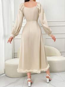 Modelyn Ladies Solid Color Simple Daily Long Sleeve Dress - Apricot - View 2