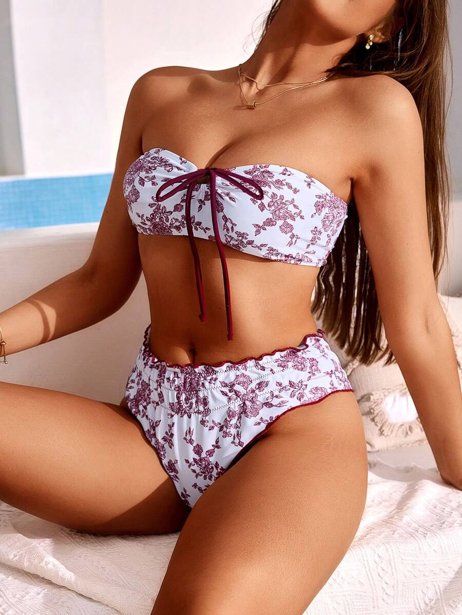 SHEIN Swim 女士花卉印花抹胸系腰性感比基尼套装，适合夏季度假 - 紅白色 - 查看 1