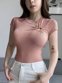 DAZY 时尚独特的女士短袖T恤，镂空不对称露脐上衣，腰部镂空设计 - 藕粉色 - 查看 5