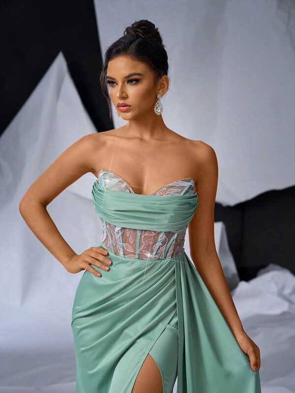 Glamrae Rochie Corset Elegantă și Romantică, Cu Bandeau și Os De Pește, De Lux, Inserții Sexi din plasă, Talie înaltă, Draperii laterale din satin, Rochie cu tivul sirenă, Rochie de bal pentru femeie, Perfectă pentru bal, nuntă și petrecere de sărbători