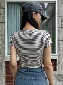 Dazy Star Women's Summer Striped & Printed Button Half-Placket Short Sleeve Casual T-Shirt,Crop Tops Women Preppy Tops - Apricot - View 6