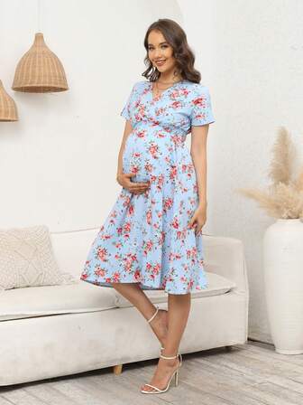 Maternity Fashion Floral Print Dress With Fitted Waist, Photoshoot Dress