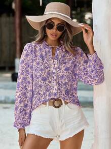 SHEIN Frenchy 夏季服裝海灘女性花卉印花鈕扣前衣，Bridgerton風格 - 彩色 - 查看 5