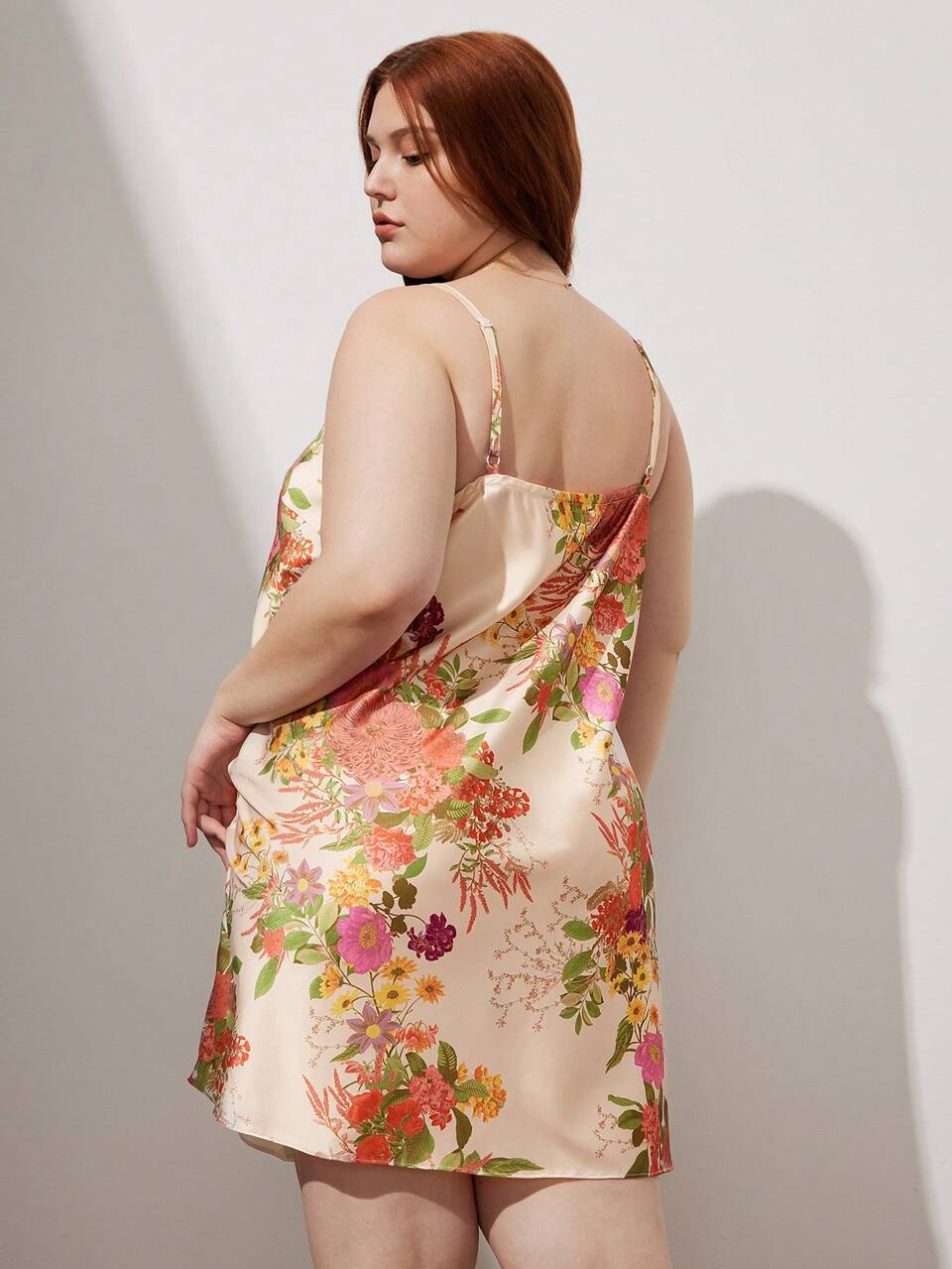 Women Plus Satin Floral Print Strappy Nightdress Lingerie
