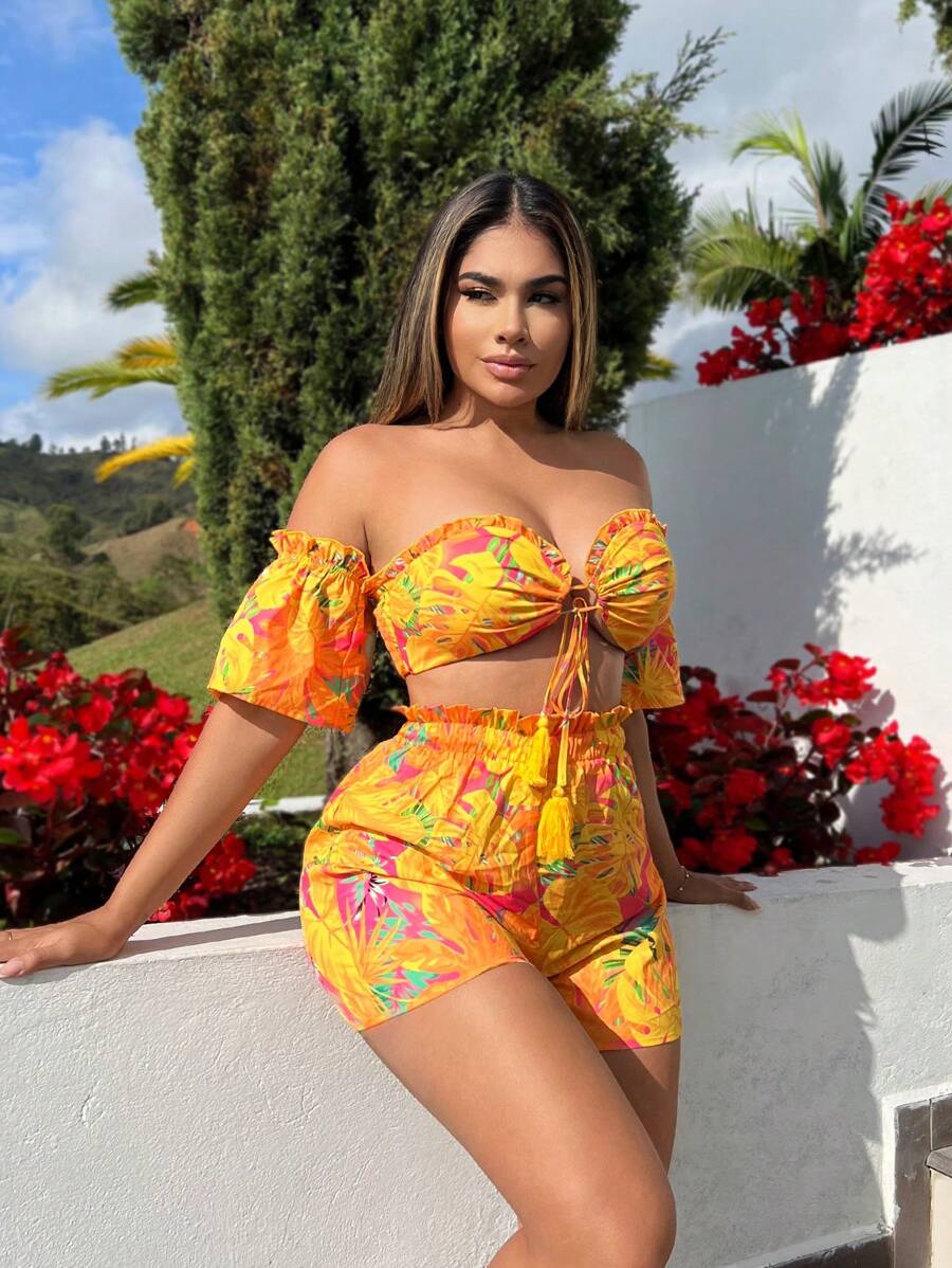 SHEIN SXY Strand Damen Sommerkleidung bohemian Urlaub gelb Muster Quasten-Träger geeignet für einen Frauen Urlaub am Meer - Gelb - Übersicht 1