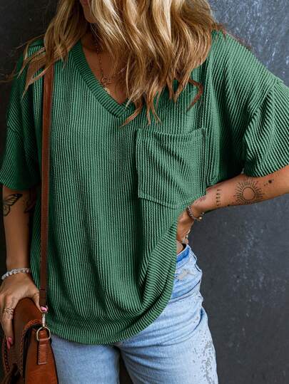 CILKOO Women's Loose Twist Textured V-Neck Short Sleeve T-Shirt, Spring/Summer