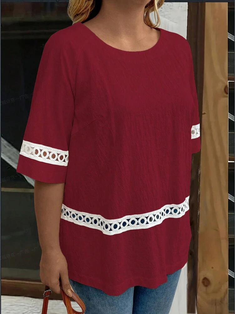 Plus Size Solid Color Round Neck Lace Spliced Summer Casual Short Sleeve Blouse