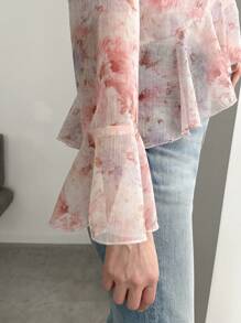 FRIFUL Women's Printed Ribbon Tie Peplum Hem Bell Sleeve Casual Shirt,Ruffle Vacation Outfits Women Floral - Baby Pink - View 7