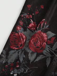 ROMWE 女士不对称下摆玫瑰图案吊带背心 - 黑色 - 查看 4