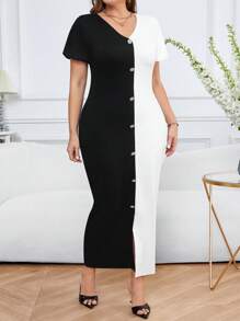 SHEIN Clasi 大码 V 领修身拼色泡泡袖黑白连衣裙 - 黑與白 - 查看 4
