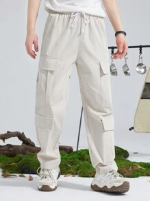 SHEIN Thiếu niên Con trai Thẳng quần ống rộng Chất rắn Dệt Quần Với Patch Túi - Màu be - Xem 8