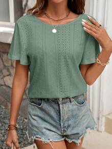 SHEIN Frenchy Camiseta de verano para mujer con borde de concha bordado y espalda hueca en unicolor, con textura de tela y decoración de hebilla de metal para la temporada de bodas. Camisetas cortas de manga corta perfectas para vacaciones de primavera y ocasiones boho - verde menta - Ver 2