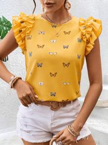 SHEIN VCAY Blusa doble capa con mangas y tela tejida para mujer, ideal para vacaciones - Amarillo - Ver 4