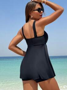 Swim Lushoire 女款純色度假風格泳衣搭配短褲,夏季海灘全覆蓋泳裝 - 黑色 - 查看 2