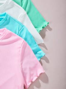 SHEIN 少女4入組夏季純色圓領短袖T恤，配以荷葉邊設計 - 彩色 - 查看 4