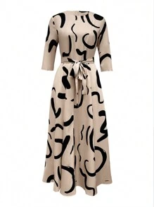 Women's Summer Casual Random Floral Print Long Dress, Elegant BOHO Style - 杏色 - 查看 3