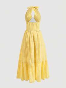 Aloruh Women's V-Neck Checkered Dress With Ruffle Trim, Halter Design - Yellow - View 2