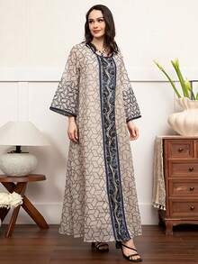 Elegant Round Neck Long Sleeve Geometric Embroidery Regular Modest Dress, Kaftan - Apricot - View 3