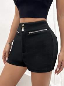SHEIN Privé 女款日常基本優雅簡約按鈕拉鍊修身短褲 - 黑色 - 查看 4