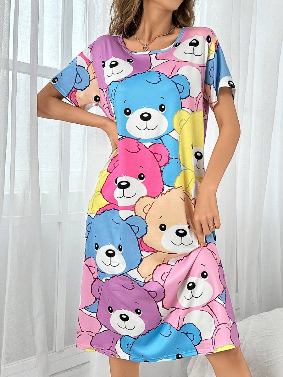 Cute Cartoon Bear Printed Short Sleeve Sleep Dress Pajama Dress For Summer - Multicolor - View 1