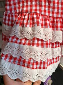 SHEIN EZwear Falda de línea A de cintura alta para mujer con cuadros y detalles encaje empalmados