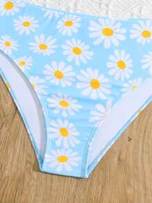Tween Girl Daisy Print Front Tie Patchwork Bikini Set With Flounce Trim, For Vacation - Multicolor - View 4
