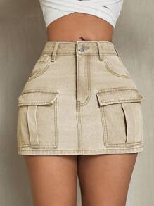 SHEIN SXY Solid Color Denim Pencil Skirt With Pockets, Summer - Khaki - View 2