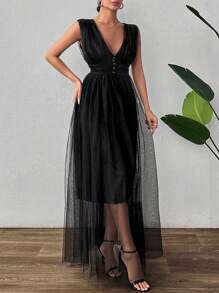 EURMUSE Mesh Gathering Style Top With Dye To Match Plastic Buttons, Maxi Dress With Lining - Black - View 5