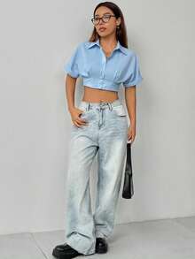 SHEIN Unity Roll Cuff Roll-Up Tab Batwing Sleeve Solid Color Summer Shirt - Blue - View 5