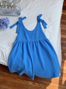 Comfortcana 夏季休閒純色無袖連身褲，綁帶式肩帶 - 藍色 - 查看 5