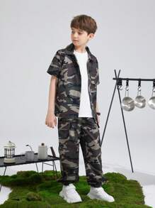 SHEIN 3pcs/Set Tween Boys' Loose Round Neck T-Shirt, Camo Shirt And Elastic Hem Long Pants Set - Army Green - View 1
