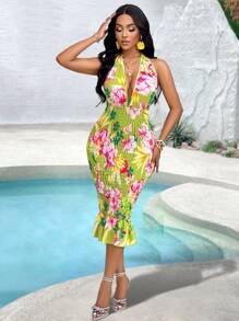 Women'S Sexy Floral Print Backless Halter Ruched Bodycon Dress (Random Print) - Green - View 3