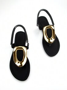 女士经典优雅款金色五金搭扣装饰黑色莱卡面料凉鞋，魔术贴和后跟带设计，方便穿脱，舒适的趾间分隔设计平底凉鞋 - 黑色 - 查看 2